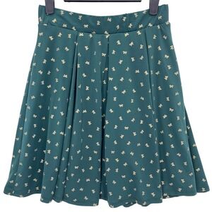 Jessy B Green Gold Bow Print Pleated Skater Skirt M Made in USA